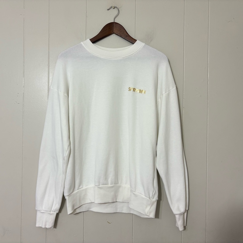SPRWMN Tiny Logo White Crewneck Sweatshirt XS Gold Logo Minimalist Luxury Cotton